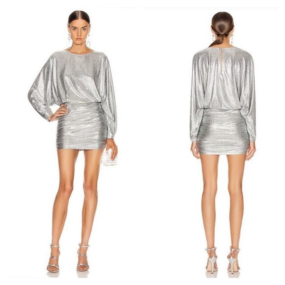 IRO Silar Metallic Ruched Mini Dress Silver Women’s Size 38 NWT - Picture 1 of 5